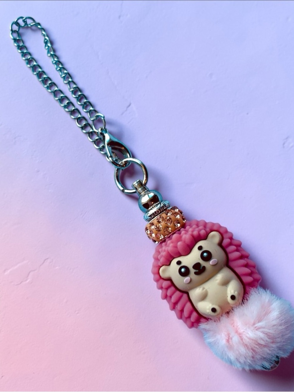 Pink Hedgehog Pom Keychain, Cup charm, bag charm, or ? Handmade - Picture 2 of 2